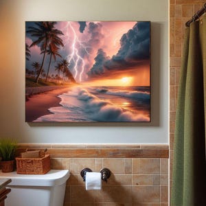 4-078 | Tropical Beach Storm Art Print | Lightning Sunset Ocean Wall Decor | Dramatic Seascape Photography.

Capture the raw beauty of nature with this stunning art print of a tropical beach storm. Vivid lightning bolts slash through towering storm clouds, illuminated by the warm glow of a golden sunset. Gentle waves crash against the shore as palm trees sway along the coast, adding serenity to the drama.