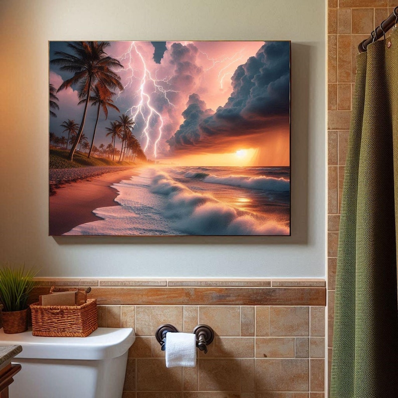 4-078 | Tropical Beach Storm Art Print | Lightning Sunset Ocean Wall Decor | Dramatic Seascape Photography.

Capture the raw beauty of nature with this stunning art print of a tropical beach storm. Vivid lightning bolts slash through towering storm clouds, illuminated by the warm glow of a golden sunset. Gentle waves crash against the shore as palm trees sway along the coast, adding serenity to the drama.