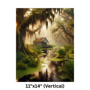 9-0128 | Louisiana Art | Southern Paradise - Rustic Louisiana Bayou Hideaway, Backwoods Bayou Art | Cajun Country Artwork. Poster printed on Museum-grade 300gsm satin paper will be shipped to your chosen address within the United States.

Bring the mysterious beauty of the Southern bayou into your home with this atmospheric art print featuring a rustic wooden cabin nestled in a misty swamp. Spanish moss drapes from ancient cypress trees as golden sunlight filters through the morning fog