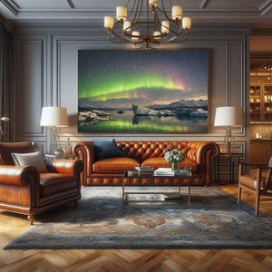 24-048 | Aurora Borealis Art, Reflections, Stargazers on the Ice, Northern Lights Print, Nature photography (Digital Download)

Experience the wonder of the northern lights with Aurora Reflections, a breathtaking fine‑art print capturing two stargazers adrift beneath a glowing Arctic sky. This Aurora Borealis scene blends vivid greens, soft pinks, and pale yellows reflected in still glacial waters — a moment of serenity and awe.