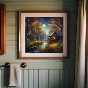 Printable Louisiana art | Bayou art | Fine art print | Moonlit swamp | Swamp Country | Bayou Country | Louisiana Autumn art | Cajun artwork.