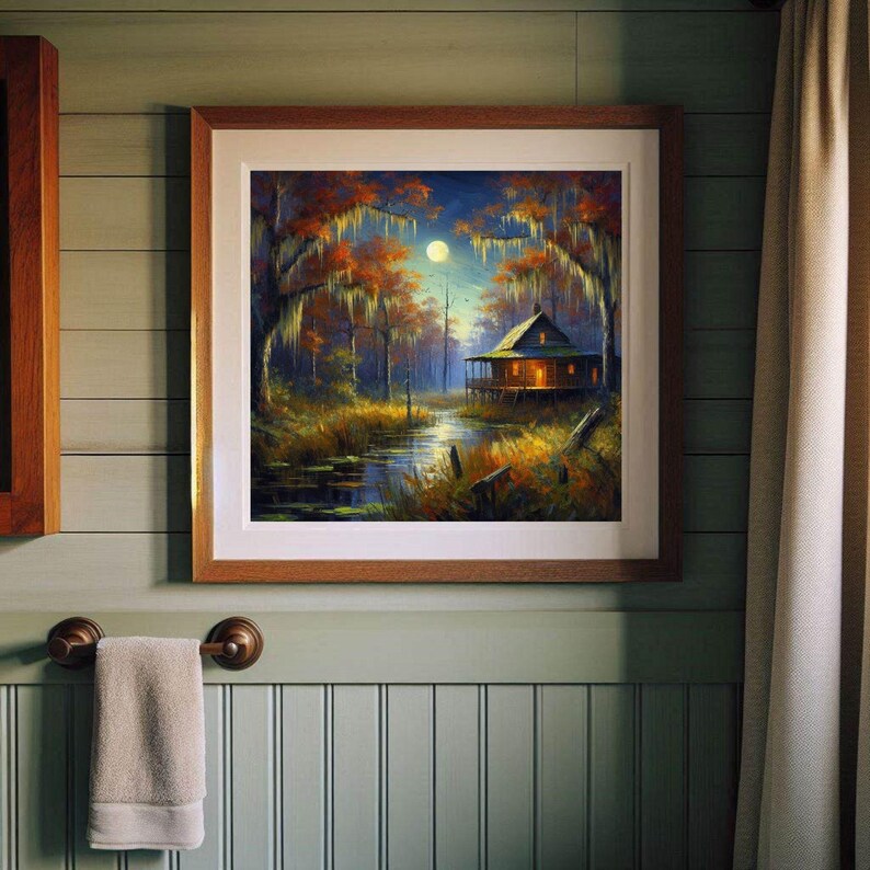 Printable Louisiana art | Bayou art | Fine art print | Moonlit swamp | Swamp Country | Bayou Country | Louisiana Autumn art | Cajun artwork.