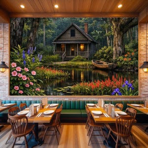 27-030 | Louisiana Bayou Art - Rustic Cabin Wall Print, Springtime on the bayou, (Digital Download). Step into the quiet beauty of a Louisiana spring morning with this richly detailed bayou art print. A rustic wooden cabin rests beside a calm pond surrounded by blooming hibiscus, lily pads, and moss-draped cypress trees.