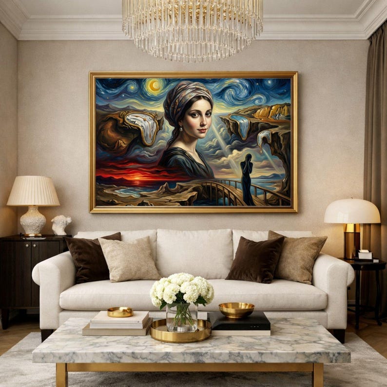 32-006 | Surreal Portrait Wall Art | Dreamlike Landscape with Melting Clocks, Fantasy Ocean Scene, (Digital Download)

Transform your space with this Surreal Wall Art Print, a stunning fusion of Van Gogh’s swirling Starry Night sky, Salvador Dalí’s melting clocks, and the timeless elegance of the Girl with a Pearl Earring.