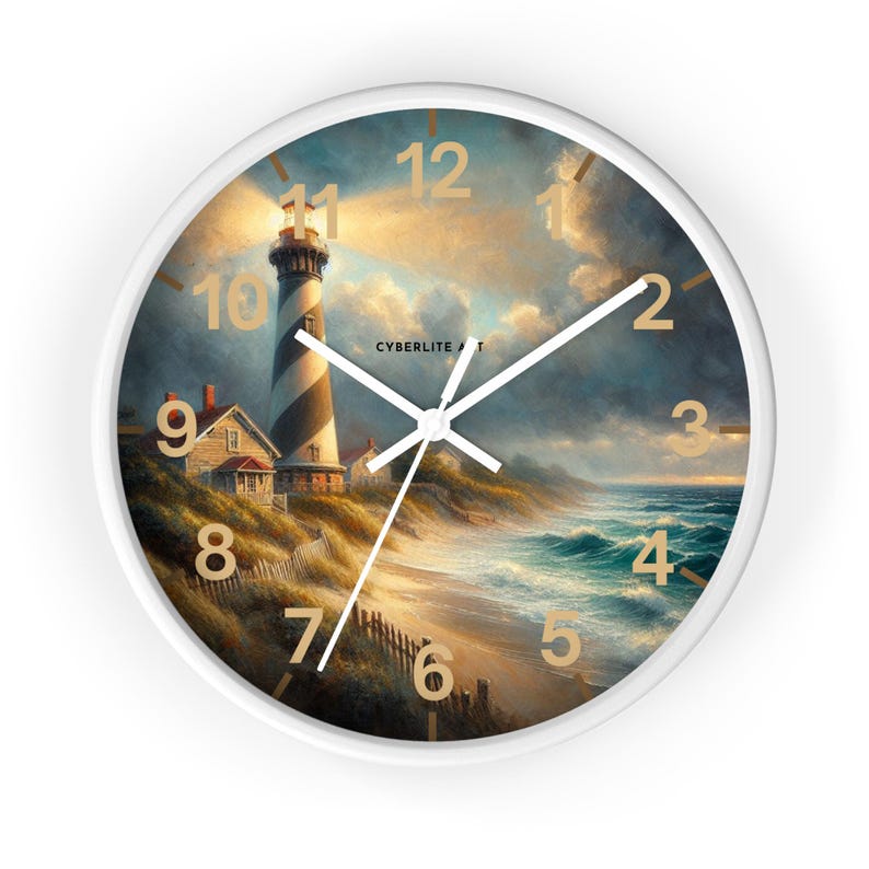 Bring the calm of the shoreline into your home with this beautifully detailed Coastal Lighthouse Wall Clock. The clock face features a serene seaside scene: a classic striped lighthouse standing tall beside a cozy coastal cottage, waves rolling gently onto the shore, and sunlight breaking through soft clouds. It’s a peaceful moment frozen in time — perfect for anyone who feels at home by the water.