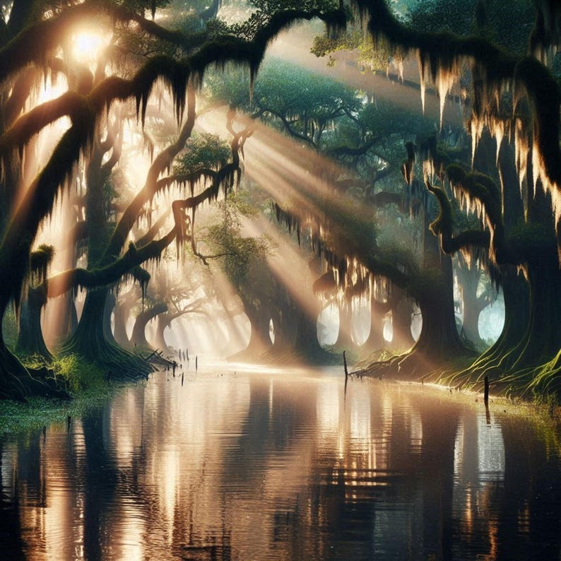 Sunlight on the Bayou | Louisiana art, Louisiana wall art, Louisiana swamp art, Original artwork, Tranquil Louisiana swamp, Cajun sunrise.