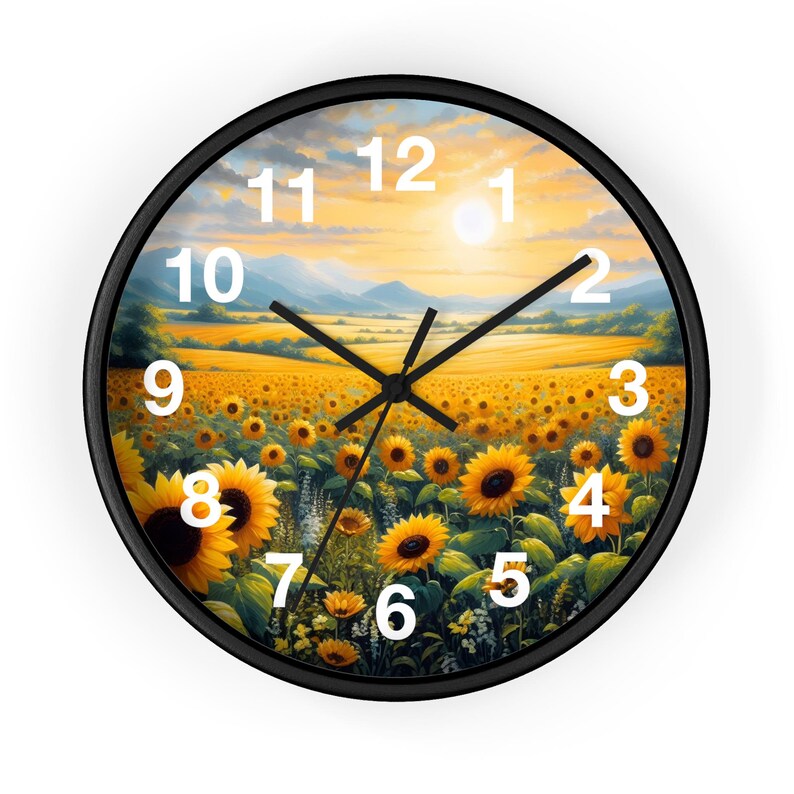 10" Sunflower Field Wall Clock - 10" Rustic Home Decor, Floral Home Decor, Rustic Kitchen Clock, Farmhouse Wall Art, Botanical Clock