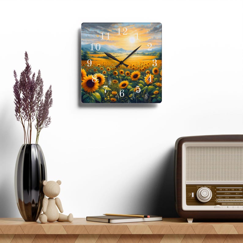 Sunflower Field Acrylic Wall Clock | Sunrise Landscape Art