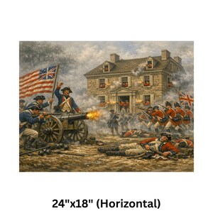 Poster | American Revolutionary Art | Battle of Germantown print.
Step back into the fog-shrouded fields of October 4, 1777, and witness the fierce, frustrating American assault on Cliveden—the Benjamin Chew House—during the pivotal Battle of Germantown in the American Revolutionary War. This museum-quality historical art print captures the dramatic chaos: Continental soldiers in blue coats charging through thick morning mist and gun smoke