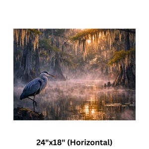 May include: A serene landscape photograph featuring a great blue heron standing on one leg in a misty lake. The background shows a forest with Spanish moss and sunlight. The image is labeled as 24"x18" (Horizontal).