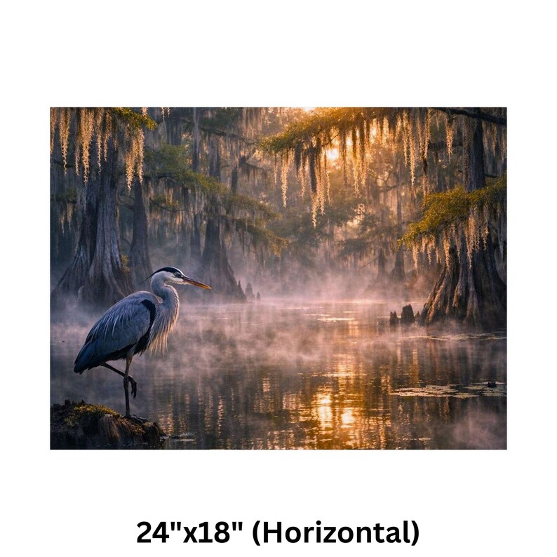May include: A serene landscape photograph featuring a great blue heron standing on one leg in a misty lake. The background shows a forest with Spanish moss and sunlight. The image is labeled as 24"x18" (Horizontal).