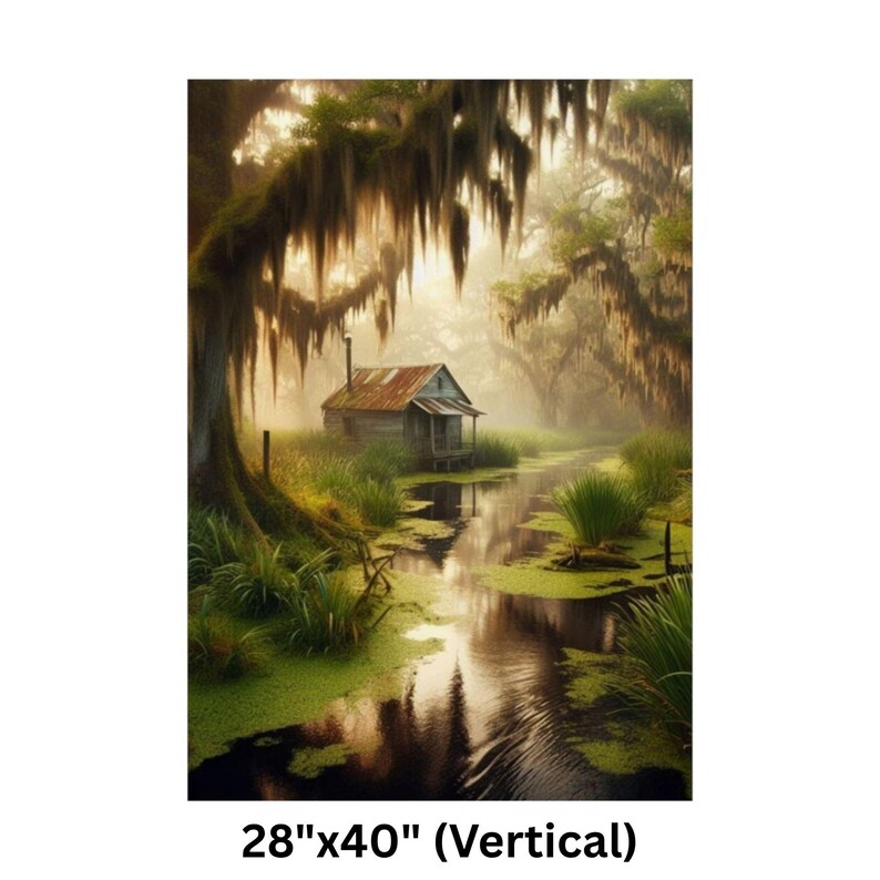 9-0128 | Louisiana Art | Southern Paradise - Rustic Louisiana Bayou Hideaway, Backwoods Bayou Art | Cajun Country Artwork. Poster printed on Museum-grade 300gsm satin paper will be shipped to your chosen address within the United States.

Bring the mysterious beauty of the Southern bayou into your home with this atmospheric art print featuring a rustic wooden cabin nestled in a misty swamp. Spanish moss drapes from ancient cypress trees as golden sunlight filters through the morning fog