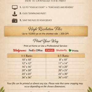 May include: A beige digital print with text, including "Thank You for Your Purchase!" and instructions for downloading files. It lists print sizes in inches, such as 10" x 10" and 8" x 10", and provides contact information.