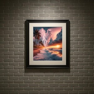 4-078 | Tropical Beach Storm Art Print | Lightning Sunset Ocean Wall Decor | Dramatic Seascape Photography.

Capture the raw beauty of nature with this stunning art print of a tropical beach storm. Vivid lightning bolts slash through towering storm clouds, illuminated by the warm glow of a golden sunset. Gentle waves crash against the shore as palm trees sway along the coast, adding serenity to the drama.