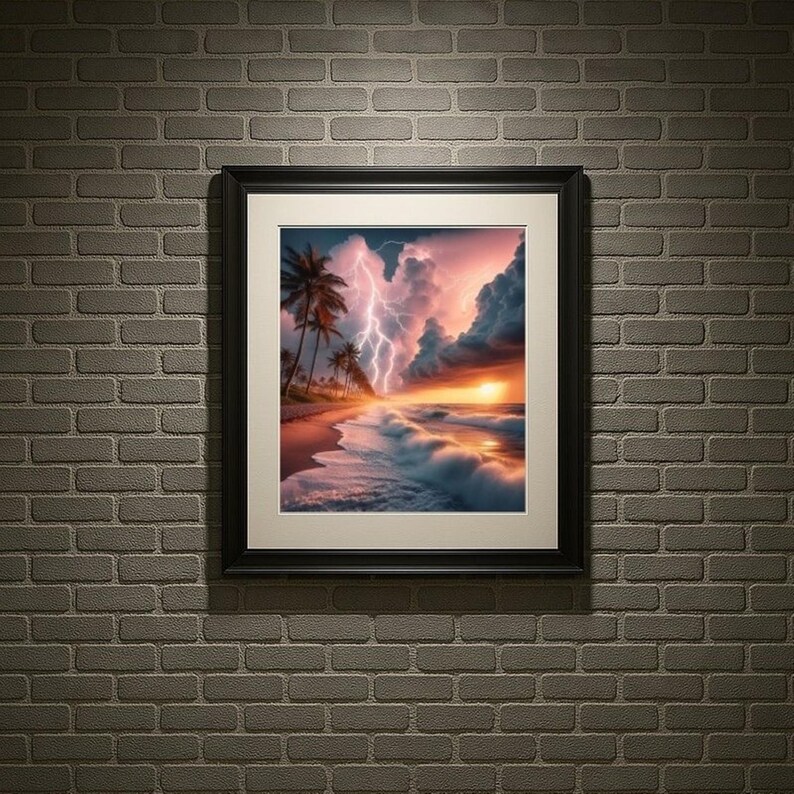 4-078 | Tropical Beach Storm Art Print | Lightning Sunset Ocean Wall Decor | Dramatic Seascape Photography.

Capture the raw beauty of nature with this stunning art print of a tropical beach storm. Vivid lightning bolts slash through towering storm clouds, illuminated by the warm glow of a golden sunset. Gentle waves crash against the shore as palm trees sway along the coast, adding serenity to the drama.