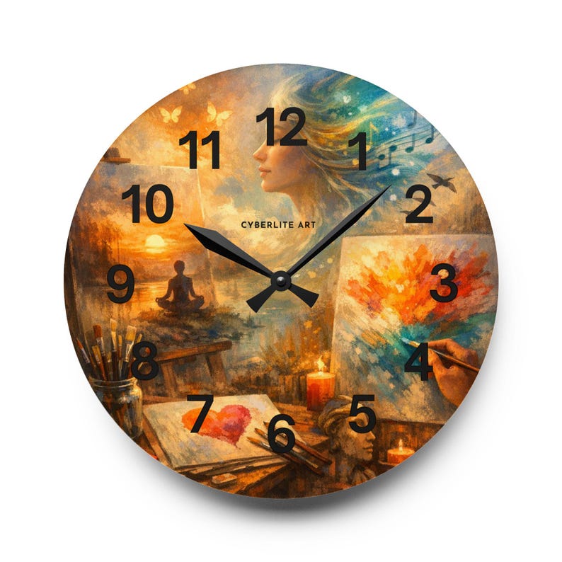 Abstract Art Collage Acrylic Wall Clock – Painter’s Studio Decor, Meditation & Music Art Timepiece

Bring creativity and calm into your space with the Dreamy Artist Collage Acrylic Wall Clock, a museum‑quality timepiece blending surreal artistry and functional design. Featuring a vivid collage of a meditating figure, paintbrushes, candles, and swirling color energy, this clock transforms any studio, gallery, or home office into an inspiring sanctuary.