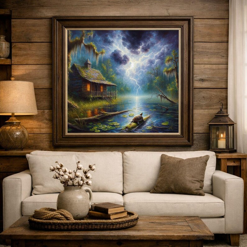 27-007 | Stormy Swamp Print: Turtle in the Storm – Louisiana Bayou Thunderstorms oil painting print (Digital Download)

Capture the haunting beauty of a Louisiana swamp in this high-resolution digital print, “Turtle in the Storm.” A rustic cabin glows warmly against a backdrop of lightning-split skies, moss-draped trees, and tranquil waters. In the foreground, a turtle rests on a mossy log surrounded by lily pads, embodying resilience and calm amid nature’s fury.