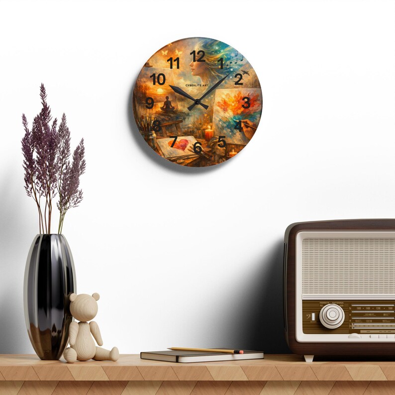 Dreamy Artist Collage Acrylic Wall Clock – Painter’s Studio Decor, Meditation & Music Art Timepiece

Bring creativity and calm into your space with the Dreamy Artist Collage Acrylic Wall Clock, a museum‑quality timepiece blending surreal artistry and functional design. Featuring a vivid collage of a meditating figure, paintbrushes, candles, and swirling color energy, this clock transforms any studio, gallery, or home office into an inspiring sanctuary.