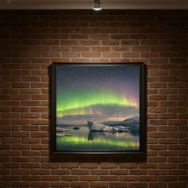 24-048 | Aurora Borealis Art, Reflections, Stargazers on the Ice, Northern Lights Print, Nature photography (Digital Download)

Experience the wonder of the northern lights with Aurora Reflections, a breathtaking fine‑art print capturing two stargazers adrift beneath a glowing Arctic sky. This Aurora Borealis scene blends vivid greens, soft pinks, and pale yellows reflected in still glacial waters — a moment of serenity and awe.
