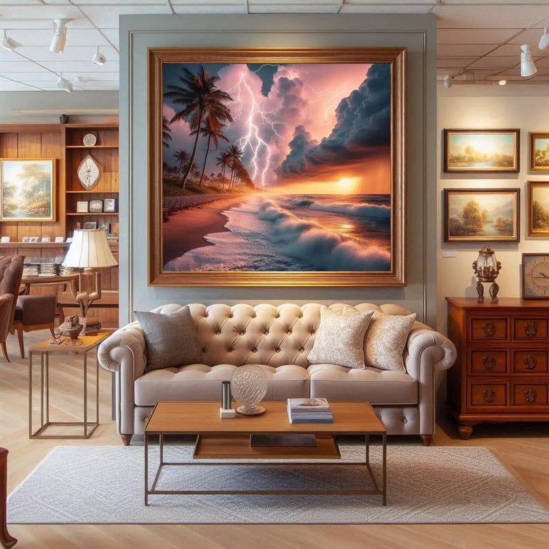 4-078 | Tropical Beach Storm Art Print | Lightning Sunset Ocean Wall Decor | Dramatic Seascape Photography.

Capture the raw beauty of nature with this stunning art print of a tropical beach storm. Vivid lightning bolts slash through towering storm clouds, illuminated by the warm glow of a golden sunset. Gentle waves crash against the shore as palm trees sway along the coast, adding serenity to the drama.