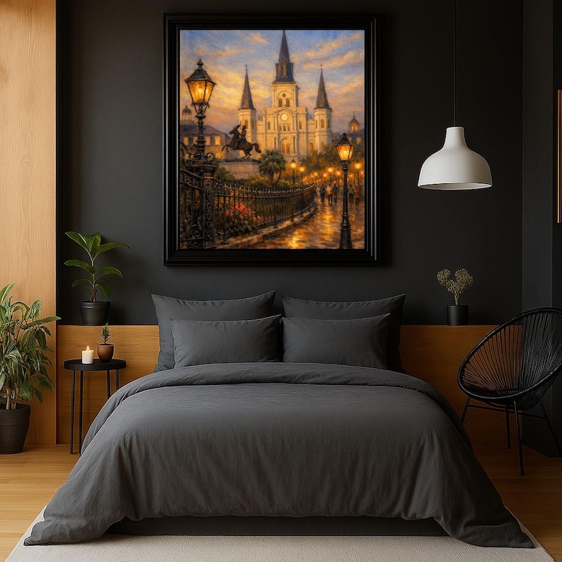 9-0286 | New Orleans Jackson Square Art, St. Louis Cathedral Painting, French Quarter Oil Print, (Digital Download)

Bring the soul of New Orleans into your home with this richly blended oil‑style painting of St. Louis Cathedral at Jackson Square, the most iconic landmark in the French Quarter.