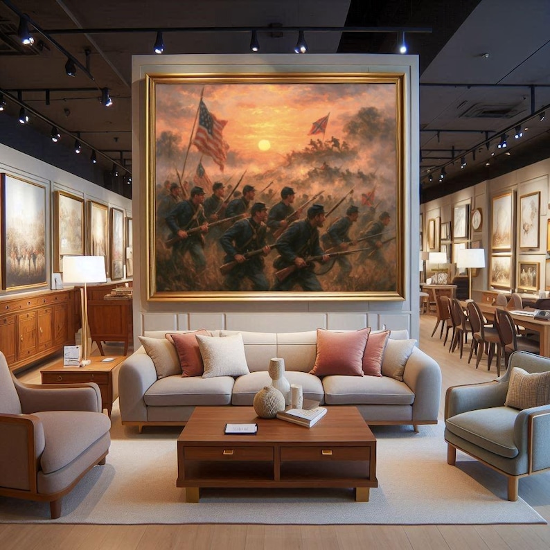 May include: A large framed painting depicting a Civil War battle scene with soldiers and flags, displayed in a furniture store. The room features a sofa, armchairs, and a coffee table, with additional artwork and furniture visible.