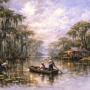 27-029 | Step into the peaceful heart of Louisiana with this tranquil swamp scene. “Life on the Swamp” captures the timeless beauty of a misty bayou at dusk, where a local couple glides quietly through the water in their wooden pirogue.