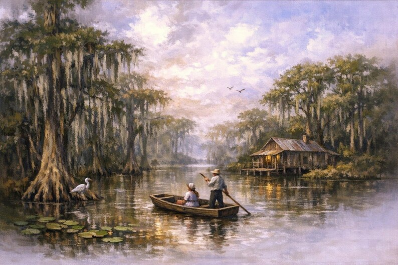 27-029 | Step into the peaceful heart of Louisiana with this tranquil swamp scene. “Life on the Swamp” captures the timeless beauty of a misty bayou at dusk, where a local couple glides quietly through the water in their wooden pirogue.
