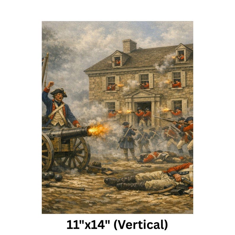 Poster | American Revolutionary Art | Battle of Germantown print.
Step back into the fog-shrouded fields of October 4, 1777, and witness the fierce, frustrating American assault on Cliveden—the Benjamin Chew House—during the pivotal Battle of Germantown in the American Revolutionary War. This museum-quality historical art print captures the dramatic chaos: Continental soldiers in blue coats charging through thick morning mist and gun smoke