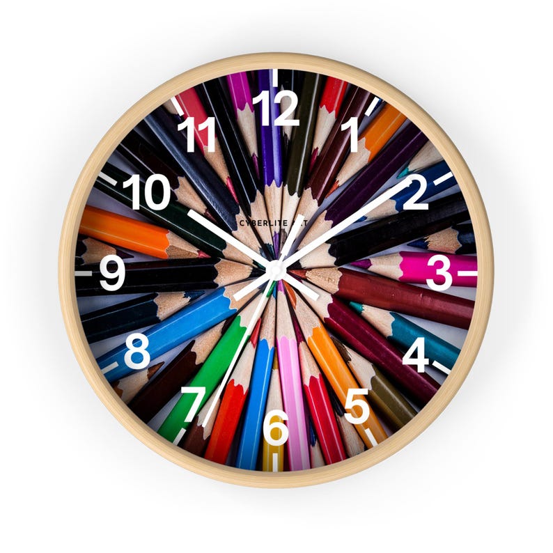 Colorful Art Pencil Starburst Wall Clock - A Whimsical Timepiece for Creative Spaces. Unique colorful pencil art wall clock.