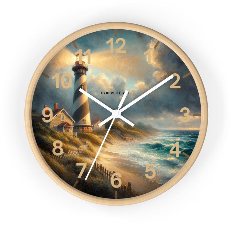 Bring the calm of the shoreline into your home with this beautifully detailed Coastal Lighthouse Wall Clock. The clock face features a serene seaside scene: a classic striped lighthouse standing tall beside a cozy coastal cottage, waves rolling gently onto the shore, and sunlight breaking through soft clouds. It’s a peaceful moment frozen in time — perfect for anyone who feels at home by the water.
