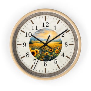 Sunflower Field Wall Clock | Rustic Farmhouse Decor, Silent Movement