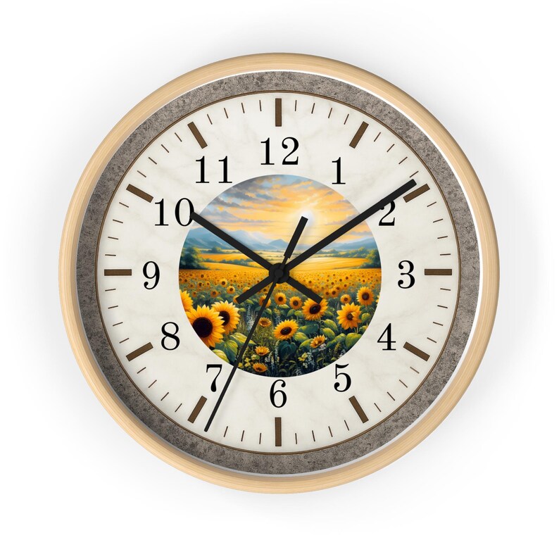 Sunflower Field Wall Clock | Rustic Farmhouse Decor, Silent Movement