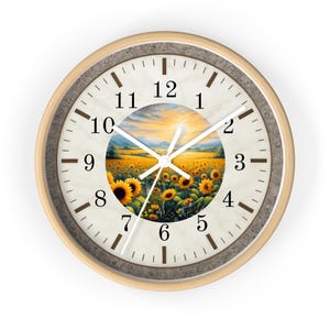 Sunflower Field Wall Clock | Rustic Farmhouse Decor, Silent Movement