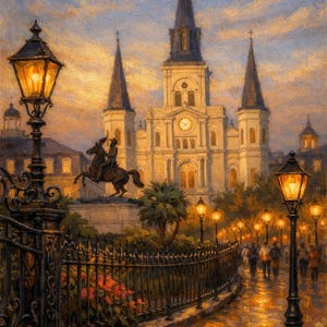 9-0286 | New Orleans Jackson Square Art, St. Louis Cathedral Painting, French Quarter Oil Print, (Digital Download)

Bring the soul of New Orleans into your home with this richly blended oil‑style painting of St. Louis Cathedral at Jackson Square, the most iconic landmark in the French Quarter.