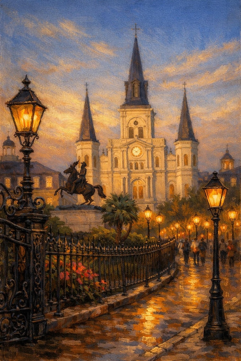 9-0286 | New Orleans Jackson Square Art, St. Louis Cathedral Painting, French Quarter Oil Print, (Digital Download)

Bring the soul of New Orleans into your home with this richly blended oil‑style painting of St. Louis Cathedral at Jackson Square, the most iconic landmark in the French Quarter.