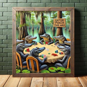 9-0178 | Printable Louisiana Art | Louisiana Swamp Art | Original Art Print | Gator Poker - Louisiana Alligators playing poker in a swamp.

The image depicts a whimsical scene of seven alligators gathered around a poker table in the middle of a swamp. The alligators are anthropomorphized, sitting on wooden chairs with their front legs resting on the table, holding poker chips and cards.