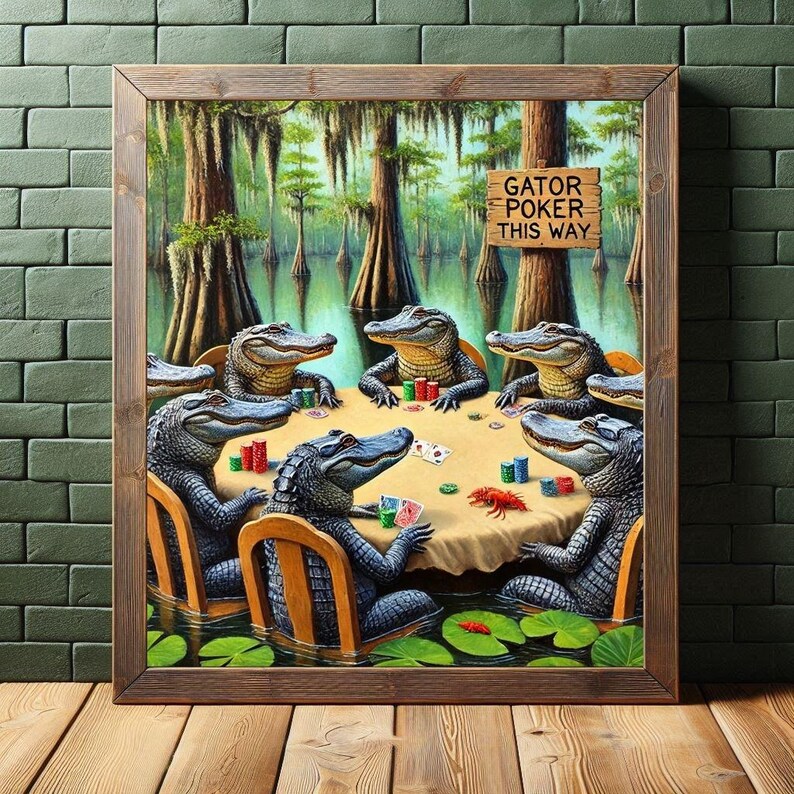 9-0178 | Printable Louisiana Art | Louisiana Swamp Art | Original Art Print | Gator Poker - Louisiana Alligators playing poker in a swamp.

The image depicts a whimsical scene of seven alligators gathered around a poker table in the middle of a swamp. The alligators are anthropomorphized, sitting on wooden chairs with their front legs resting on the table, holding poker chips and cards.