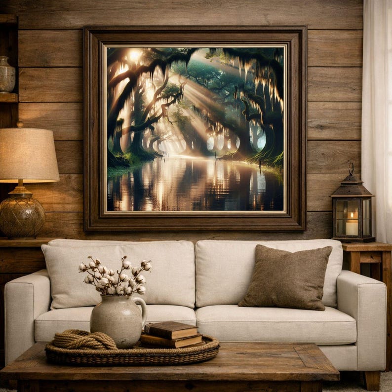 9-0186 | Printable Louisiana Art | Swamp Art | Louisiana Black Water - A captivating image of a tranquil Louisiana swamp, Original Art Print

Ethereal rays of sunlight pierce through a dense canopy of cypress trees, casting a golden glow over the tranquil waters of the Louisiana Bayou. In the distance, a rustic fishing cabin nestles softly amidst the trees, its silhouette blending harmoniously with the enchanting landscape.