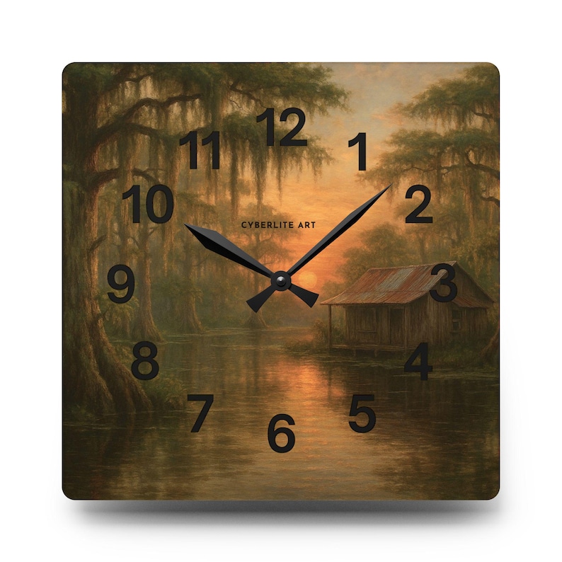 Bayou Sunset Acrylic Wall Clock, Louisiana Art, Rustic Swamp Cabin Art, Nature Print
Warm evening light filters across moss-draped cypress and a quiet swamp cabin on this acrylic wall clock. The soft, painterly scene brings a calm, reflective mood to a living room, reading nook, or bayou cottage. Lightweight yet durable, the glossy acrylic face keeps the colors rich while the easy keyhole slot on the back makes mounting effortless.