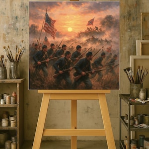 May include: An oil painting on an easel depicts a Civil War battle scene. Soldiers in blue uniforms charge forward, carrying rifles and flags under a sunset sky. The American flag is prominently displayed.