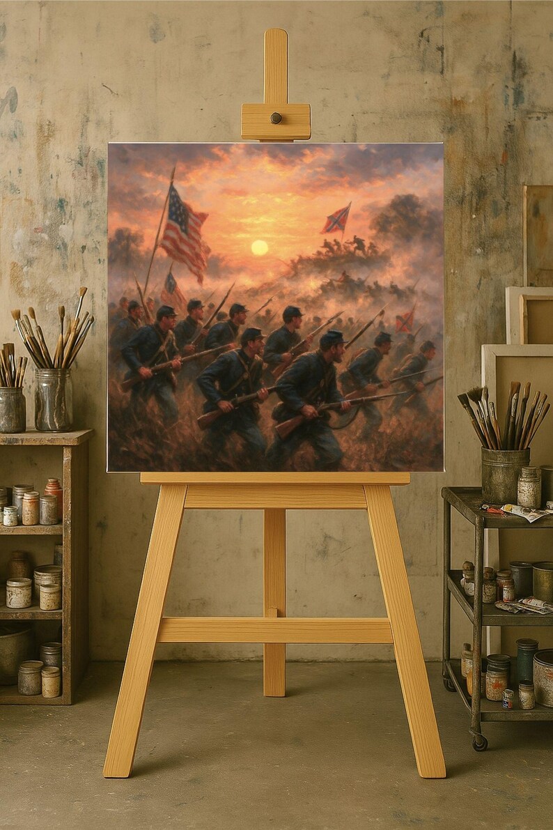 May include: An oil painting on an easel depicts a Civil War battle scene. Soldiers in blue uniforms charge forward, carrying rifles and flags under a sunset sky. The American flag is prominently displayed.