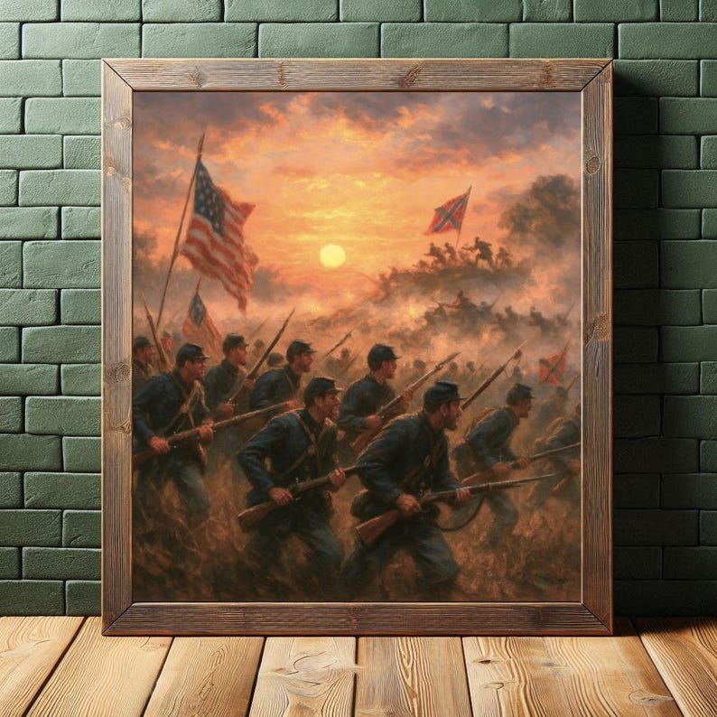 May include: A framed painting depicts a Civil War battle scene. Soldiers in blue uniforms charge forward, carrying rifles and flags, including the American flag. The background features a sunset with a bright sun and a hazy sky.