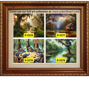 9-0178 | Printable Louisiana Art | Louisiana Swamp Art | Original Art Print | Gator Poker - Louisiana Alligators playing poker in a swamp.

The image depicts a whimsical scene of seven alligators gathered around a poker table in the middle of a swamp. The alligators are anthropomorphized, sitting on wooden chairs with their front legs resting on the table, holding poker chips and cards.