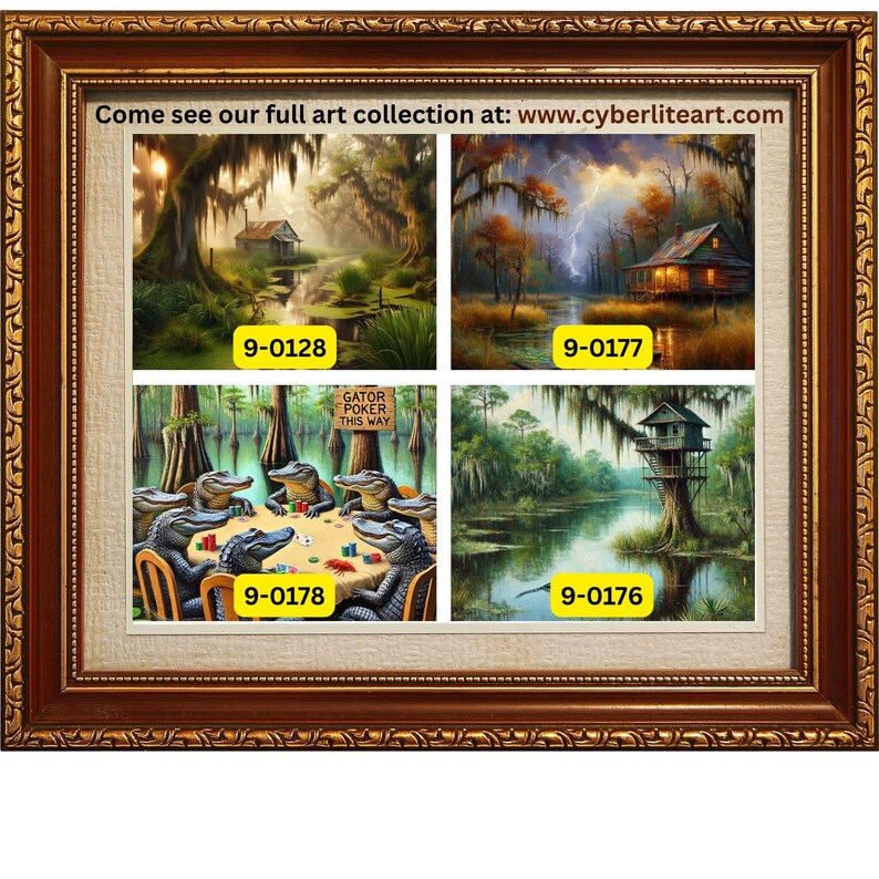 9-0178 | Printable Louisiana Art | Louisiana Swamp Art | Original Art Print | Gator Poker - Louisiana Alligators playing poker in a swamp.

The image depicts a whimsical scene of seven alligators gathered around a poker table in the middle of a swamp. The alligators are anthropomorphized, sitting on wooden chairs with their front legs resting on the table, holding poker chips and cards.