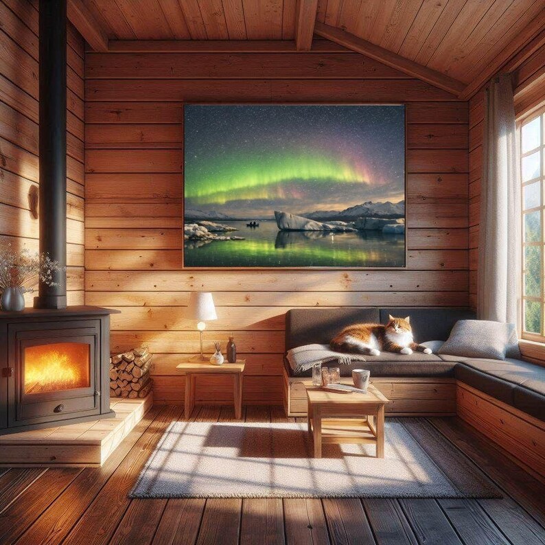 24-048 | Aurora Borealis Art, Reflections, Stargazers on the Ice, Northern Lights Print, Nature photography (Digital Download)

Experience the wonder of the northern lights with Aurora Reflections, a breathtaking fine‑art print capturing two stargazers adrift beneath a glowing Arctic sky. This Aurora Borealis scene blends vivid greens, soft pinks, and pale yellows reflected in still glacial waters — a moment of serenity and awe.