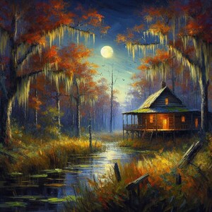 Printable Louisiana art | Bayou art | Fine art print | Moonlit swamp | Swamp Country | Bayou Country | Louisiana Autumn art | Cajun artwork.