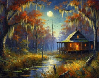 Bayou im Mondlicht Kunstdruck: Louisiana Swamp Cabin