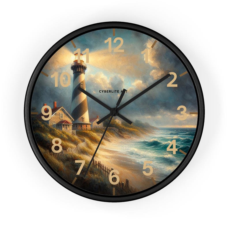 Bring the calm of the shoreline into your home with this beautifully detailed Coastal Lighthouse Wall Clock. The clock face features a serene seaside scene: a classic striped lighthouse standing tall beside a cozy coastal cottage, waves rolling gently onto the shore, and sunlight breaking through soft clouds. It’s a peaceful moment frozen in time — perfect for anyone who feels at home by the water.