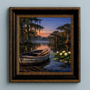 27-036 | Whispers of the Bayou | Louisiana bayou print, Southern Twilight Landscape Art (Digital Download)

A quiet hush settles over the Louisiana bayou as twilight drifts across still water. Mist rises between ancient cypress trees draped in long strands of Spanish moss, their reflections stretching across the glassy surface.